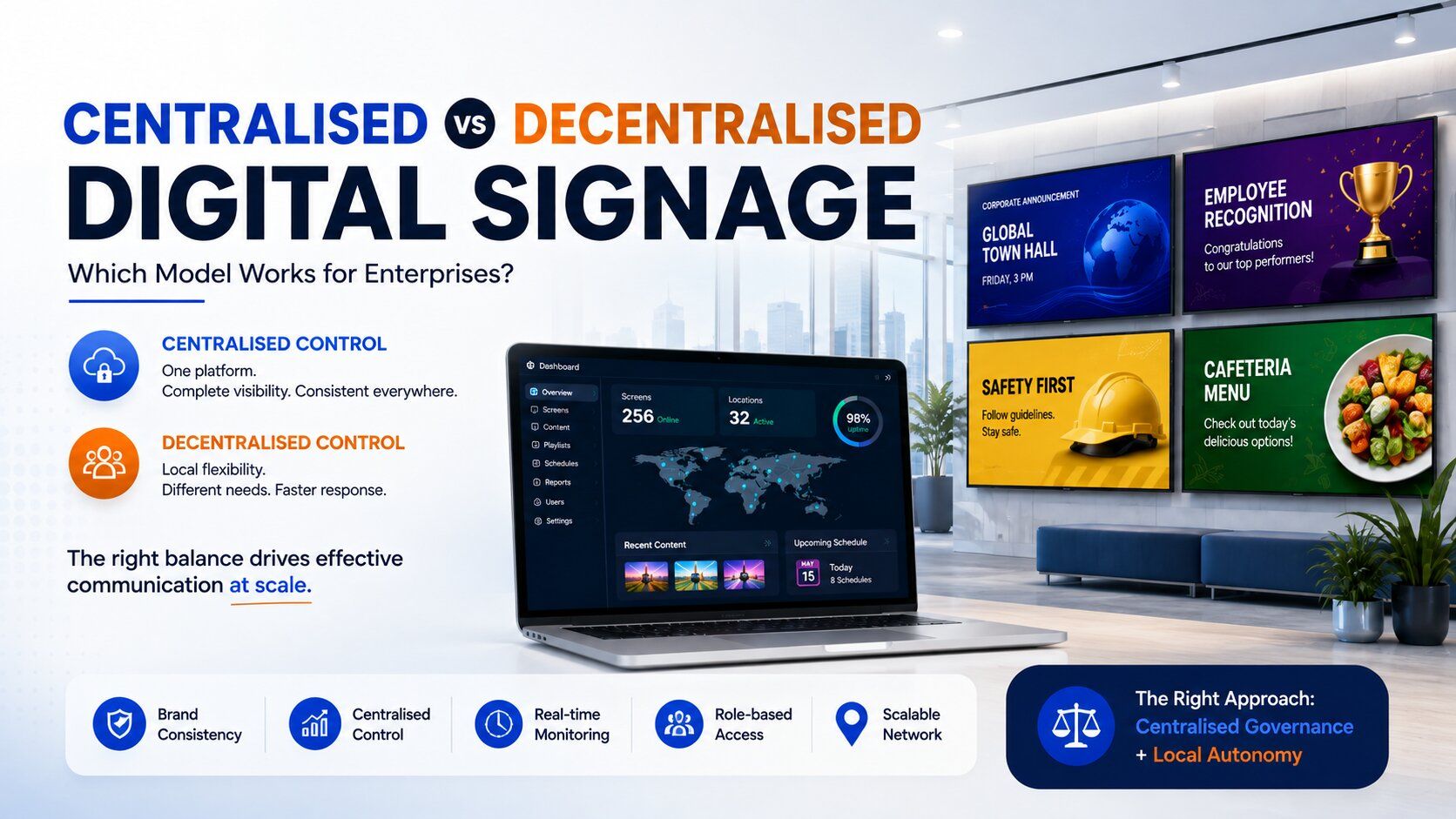 Centralised vs decentralised digital signage models for enterprise screen management
